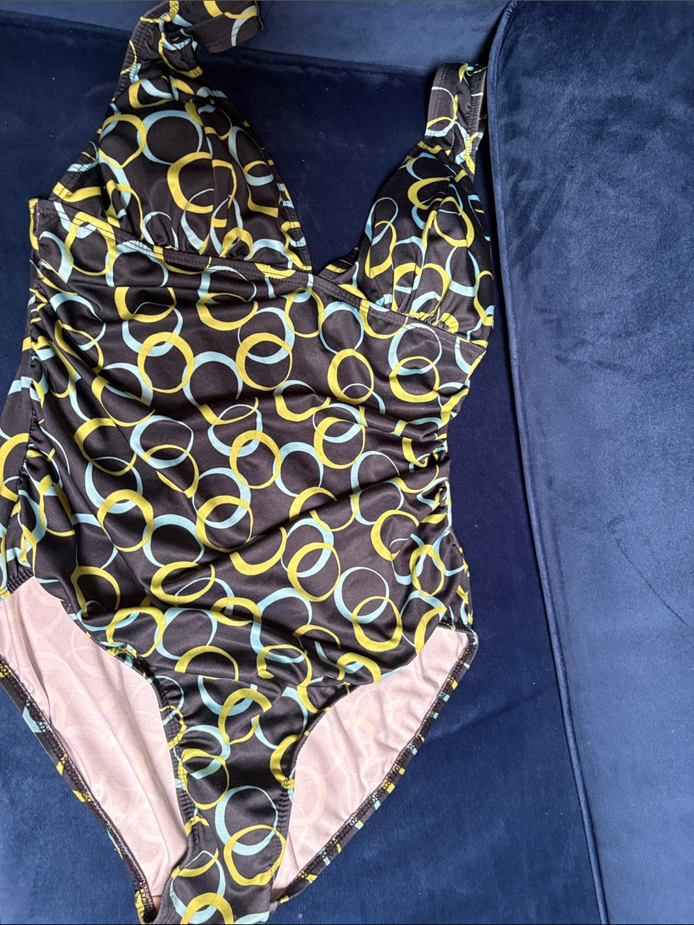 Women’s Black Patterned One-Piece Swimsuit - Yellow & Teal Ring Print